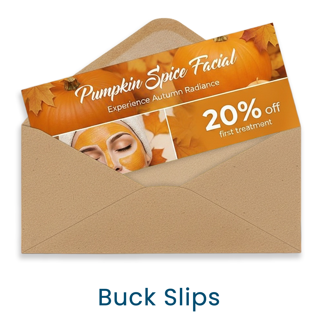 A brightly colored promotional Buck Slip for a "Pumpkin Spice Facial" is partially inserted into a natural kraft envelope. The slip features images of pumpkins and autumn leaves, a woman wearing a pumpkin-colored face mask, and bold text offering "20% off first treatment." The image illustrates a typical direct mail insert used for promotions, upselling, and cross-selling.