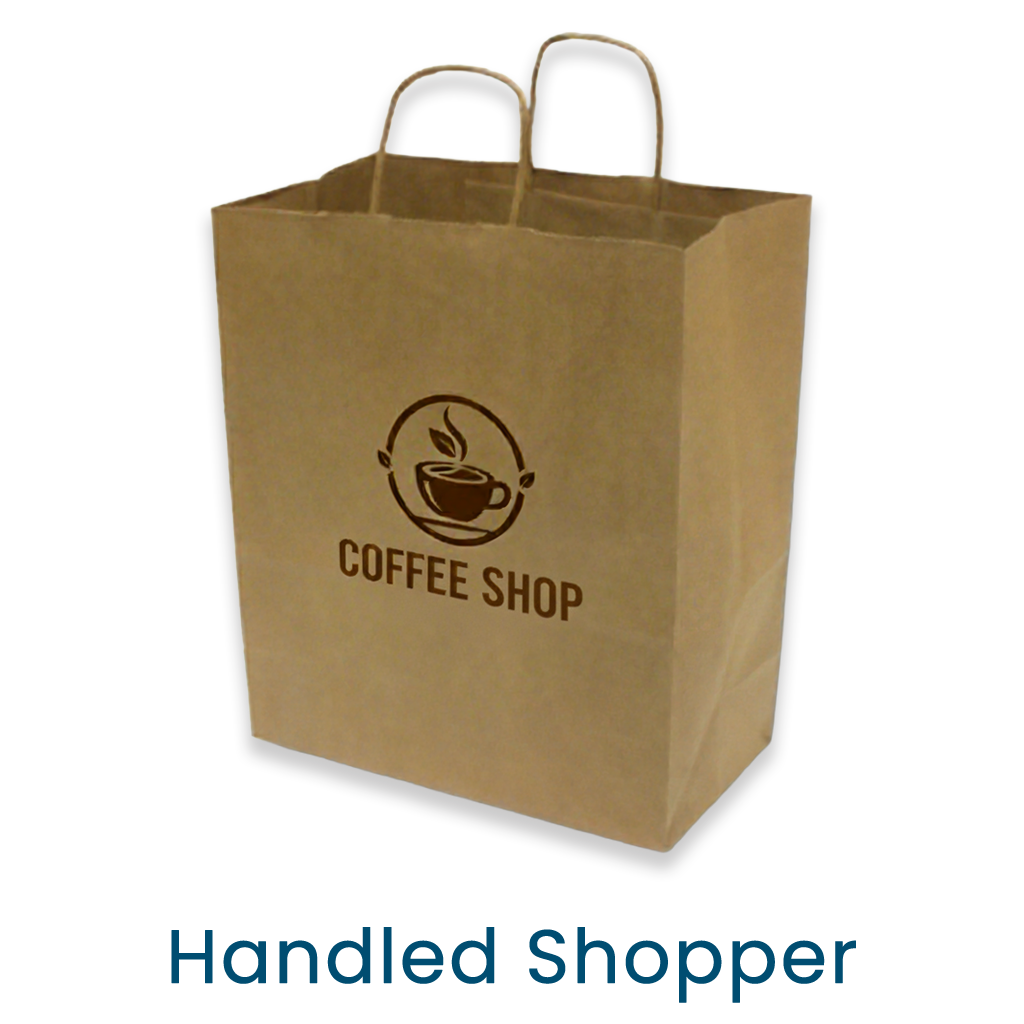 A large, natural kraft paper shopping bag with handles. The bag is customized with a dark brown "Coffee Shop" logo featuring a steaming coffee cup icon, highlighting its suitability for custom branding and retail use, as well as its durable, eco-friendly design.