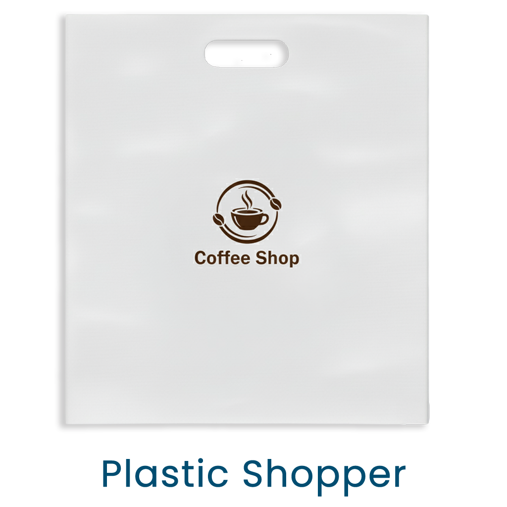 A simple white plastic shopper bag with a die-cut handle. The bag features a brown "Coffee Shop" logo with a steaming coffee cup icon, demonstrating its customizability for brand promotion and its practical design for retail use.