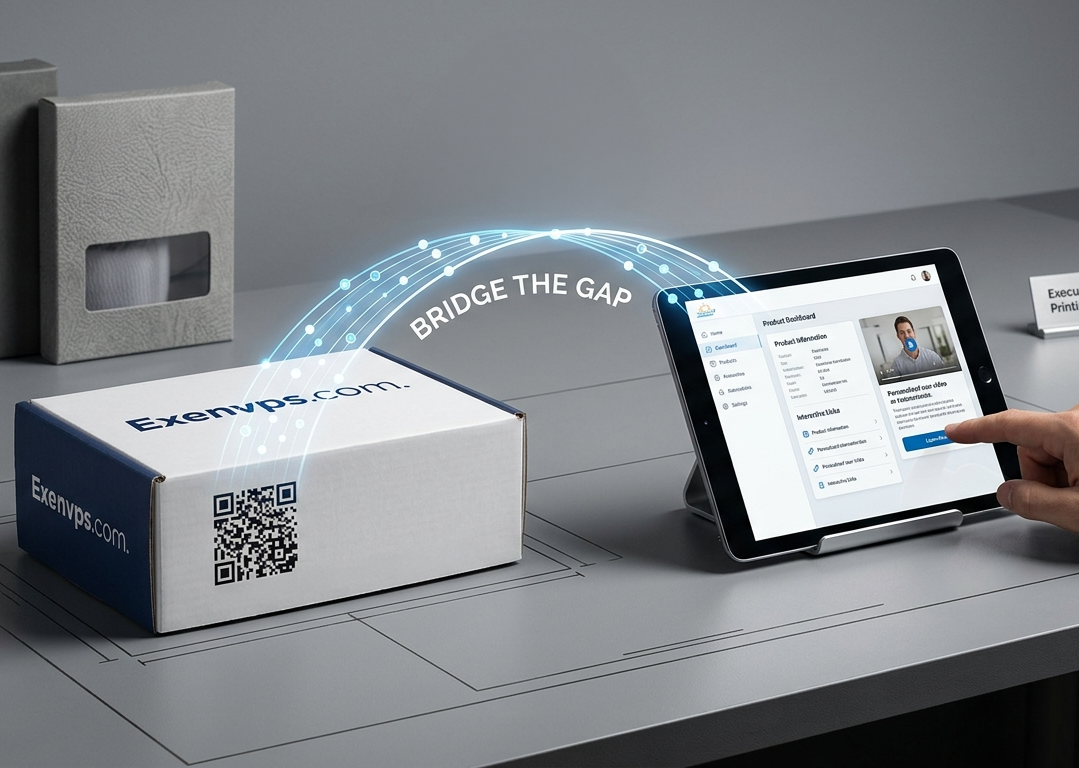 A professional marketing image showcases a white shipping box with a QR code and the URL Exenvps.com. A glowing digital arc with the text "BRIDGE THE GAP" connects the physical package to a nearby tablet displaying a product dashboard and video. This visualizes the seamless transition from physical packaging to digital content.